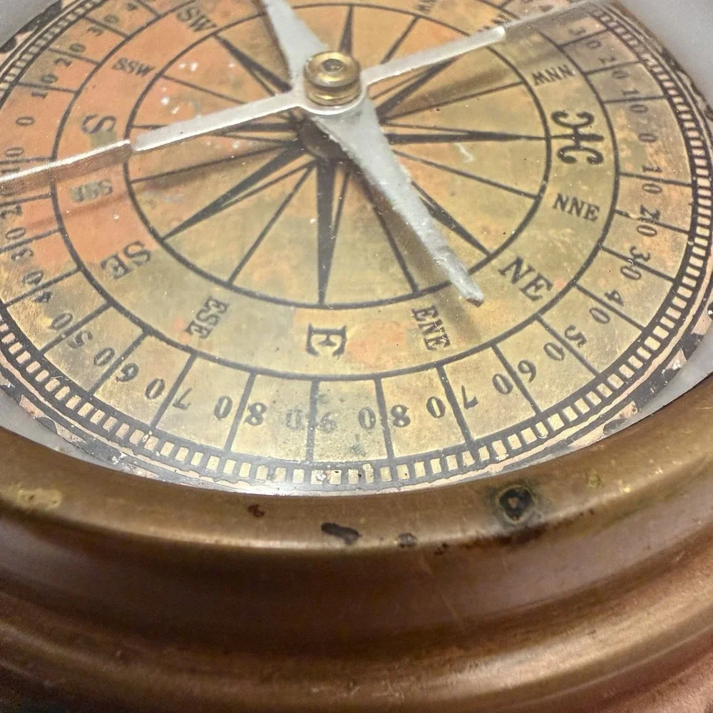 Antique Nautical Compass Wood Copper Coastal Nautical Ship Maritime Desk Staging